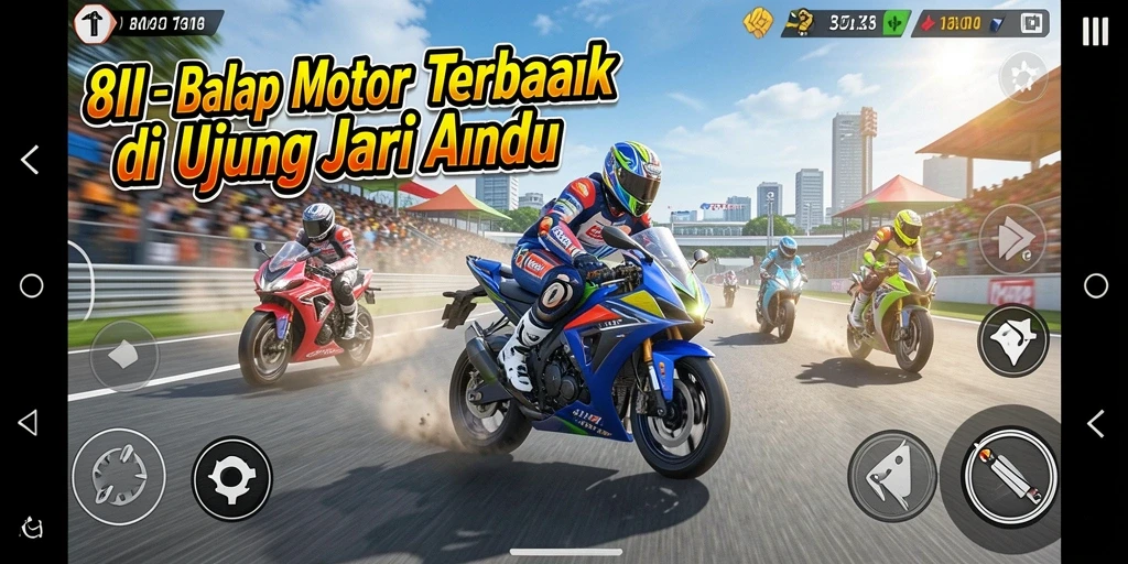 Tampilan gameplay balap motor yang dinamis dan menegangkan.