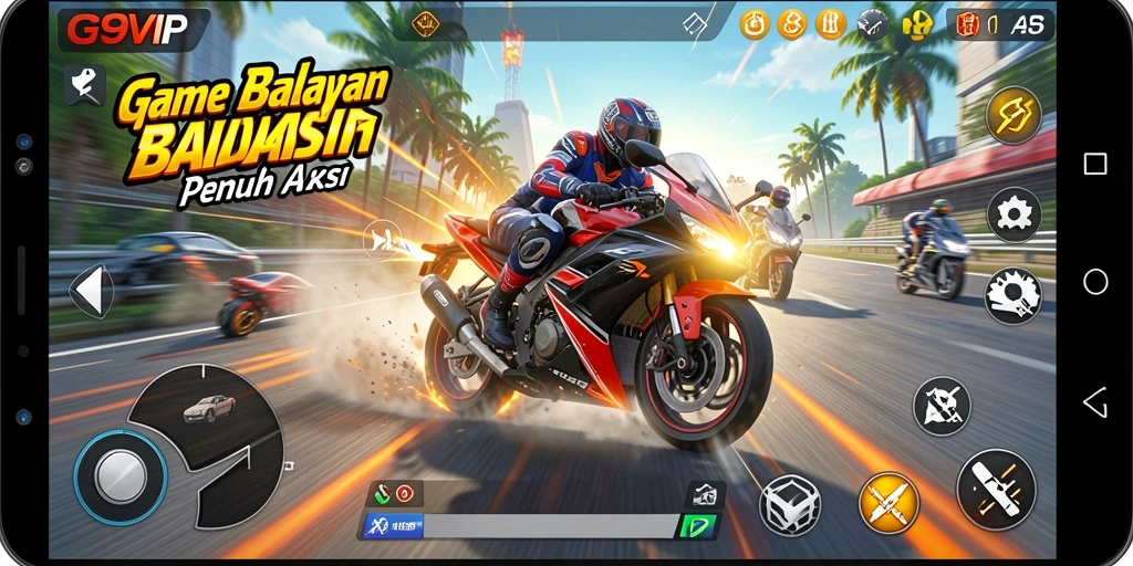 Tangkapan layar menampilkan aksi balapan motor yang mendebarkan di G9VIP.