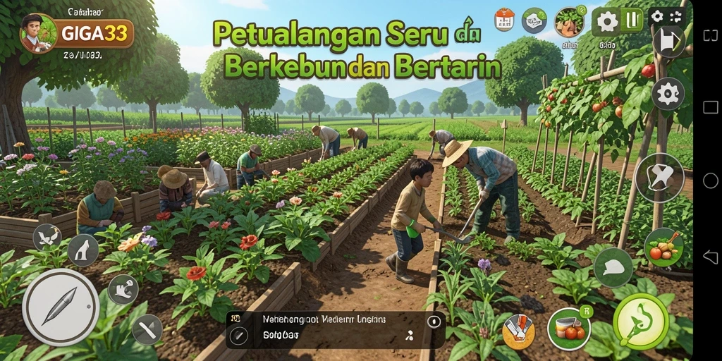 Gameplay GIGA33 yang menampilkan ladang subur dan aktif.
