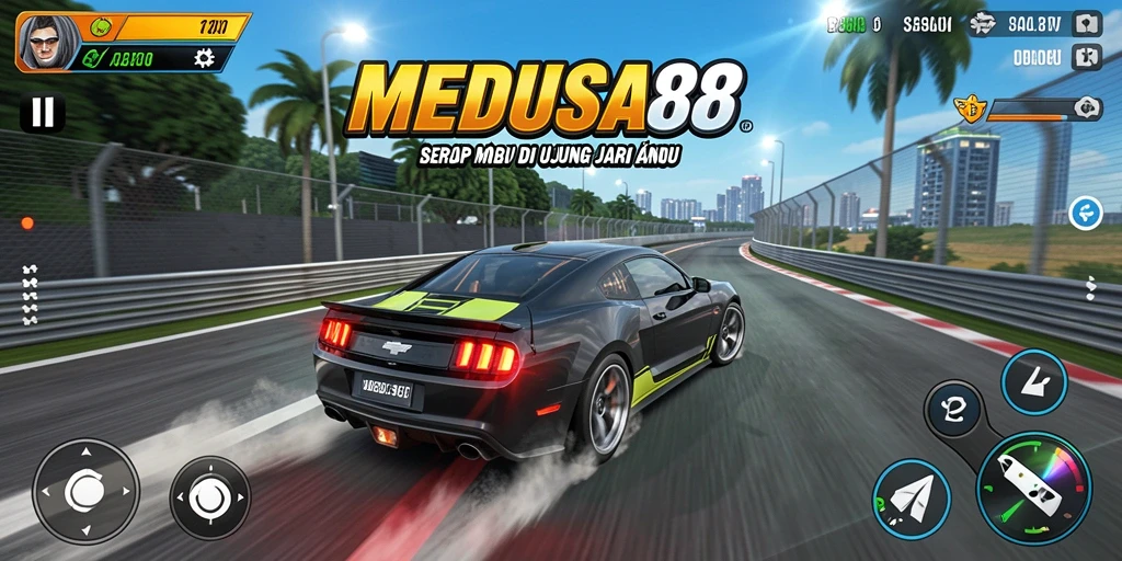 Tampilan gameplay mendebarkan dalam MEDUSA88 di trek balapan.